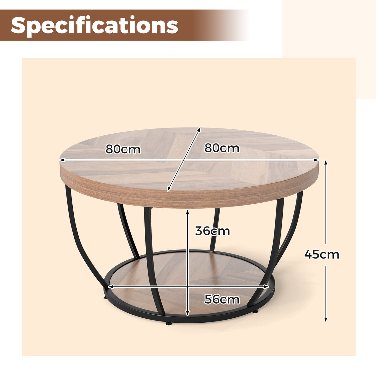 2-Tier Round Coffee Table with Storage Metal Frame Tea Cocktail Table-Natural Colour