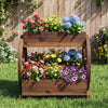 2-Tier Rustic Wood Wagon Planter with 3 Growing Boxes and Drainage Holes-Coffee