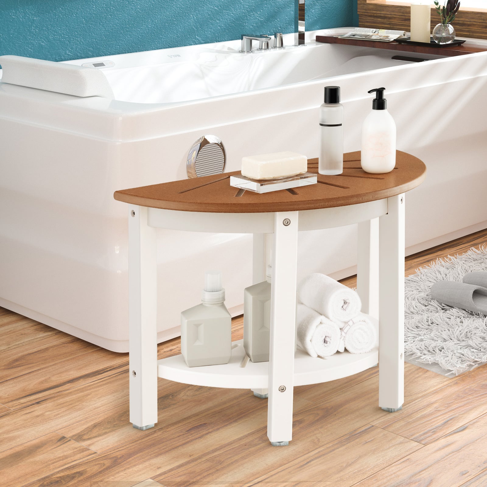 2-Tier HDPE Bath Spa Bench Seat with Storage Shelf and Non-slip Foot Pads-Brown
