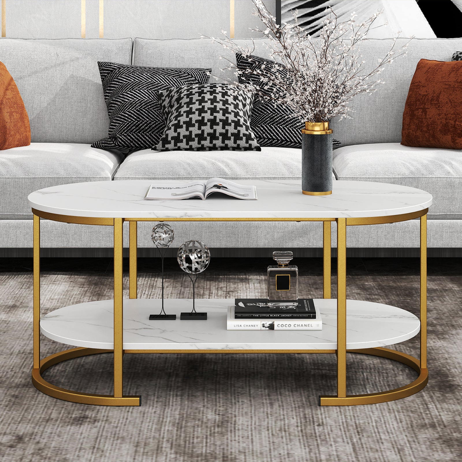 2-Tier Oval Coffee Table with Storage and Faux Marble Top-White