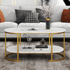 2-Tier Oval Coffee Table with Storage and Faux Marble Top-White