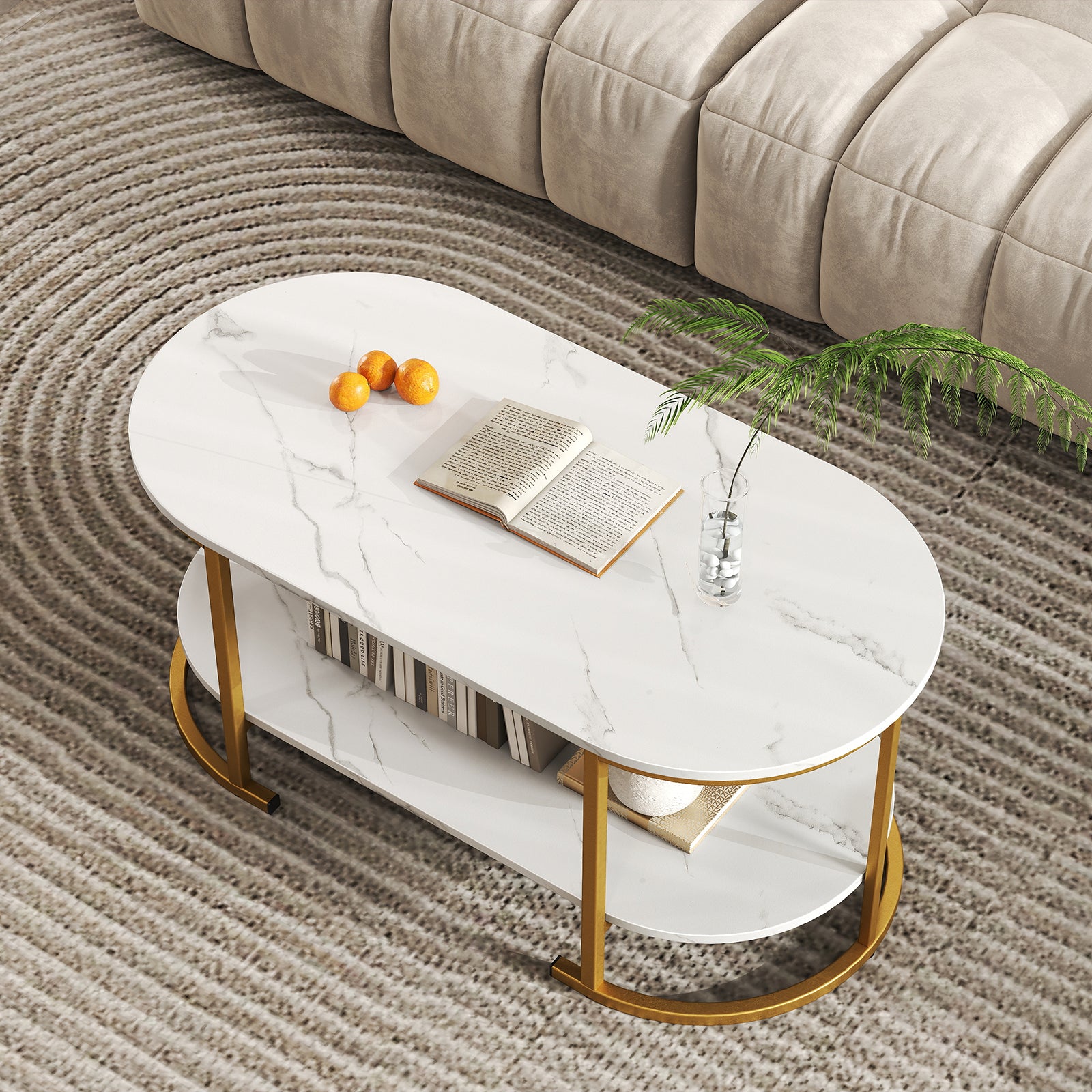 2-Tier Oval Coffee Table with Storage and Faux Marble Top-White