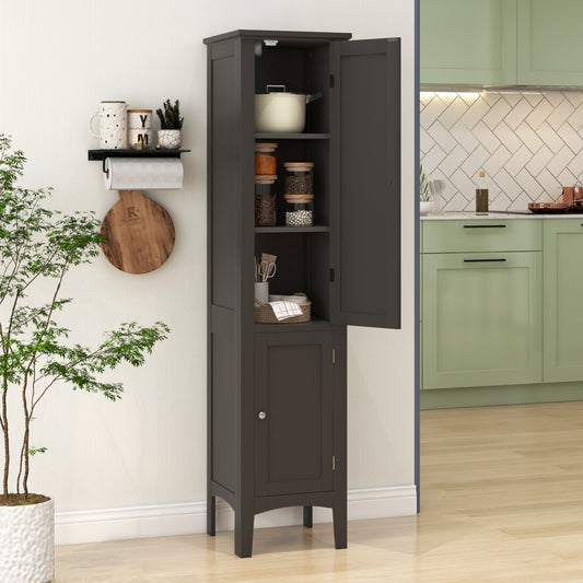 The floor cabinet placed in a kitchen setting with doors open and filled with kitchen supplies