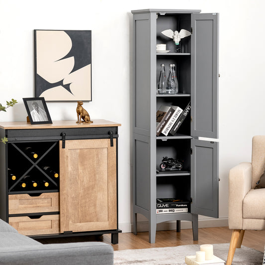 The grey floor cabinet with both doors open, showing its shelves and contents