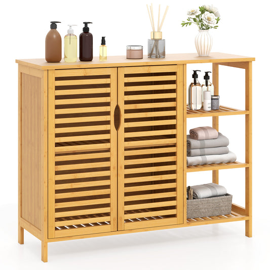 2-Door Bamboo Bathroom Cabinet with Shelves-Natural with slatted doors and open shelving