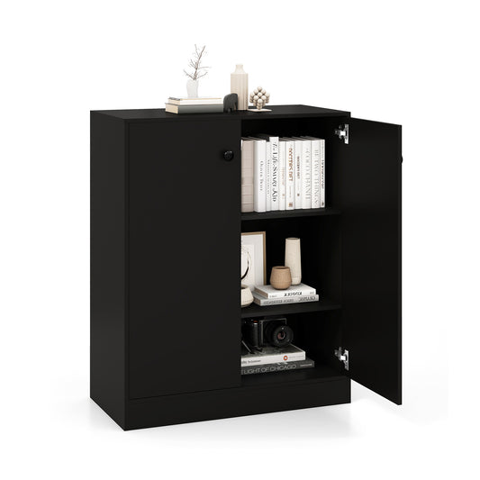 2-Door Storage Cabinet with 3 Shelves shown with one door open and books on the shelves