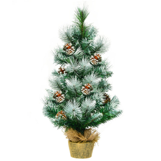 2 Feet Snow Flocked Pine Artificial Christmas Tree with pine cones and a burlap base