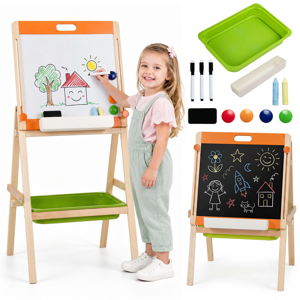 2-in-1 Art Easel for Kids with Magnetic Whiteboard & Blackboard for Ages 3+-Colourful