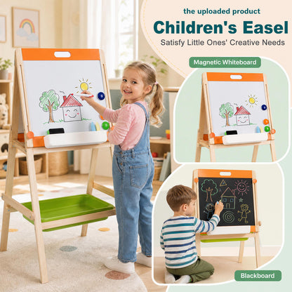 2-in-1 Art Easel for Kids with Magnetic Whiteboard & Blackboard for Ages 3+-Colourful