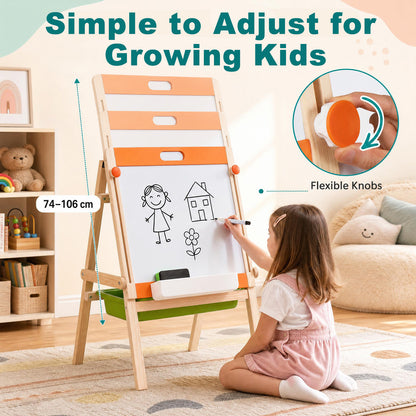 2-in-1 Art Easel for Kids with Magnetic Whiteboard & Blackboard for Ages 3+-Colourful