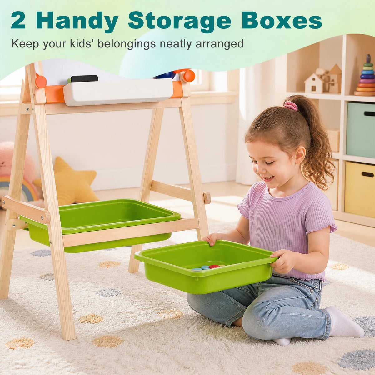 2-in-1 Art Easel for Kids with Magnetic Whiteboard & Blackboard for Ages 3+-Colourful
