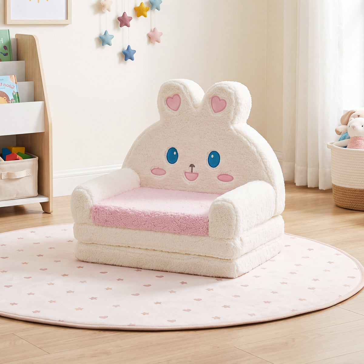 2-in-1 Convertible Kids Sofa to Lounger with Removable Cover and lovely Patterns-Pink
