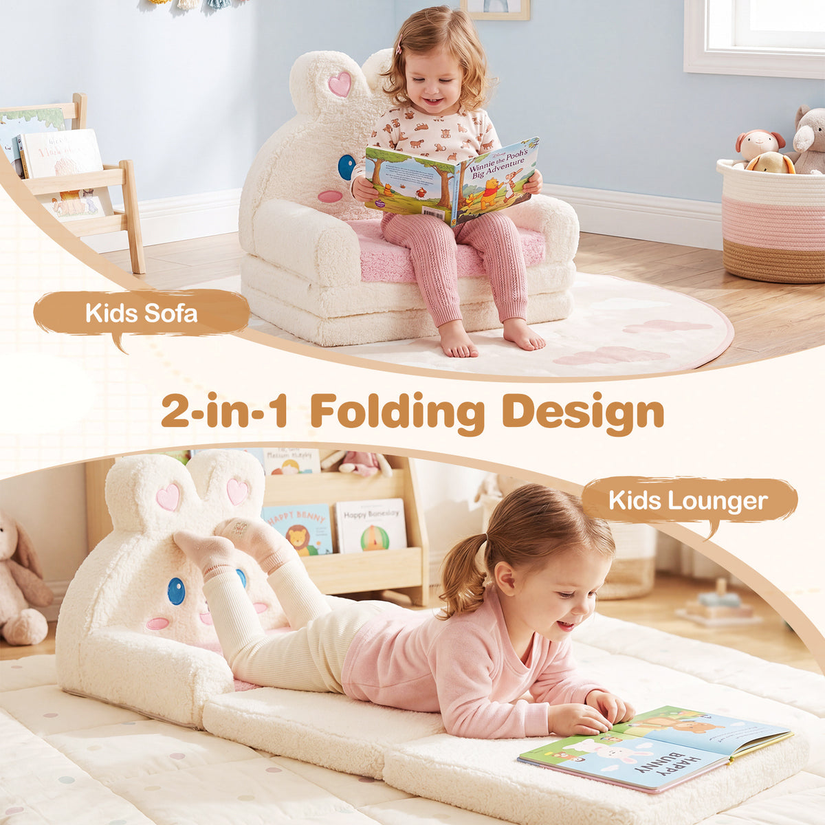 2-in-1 Convertible Kids Sofa to Lounger with Removable Cover and lovely Patterns-Pink