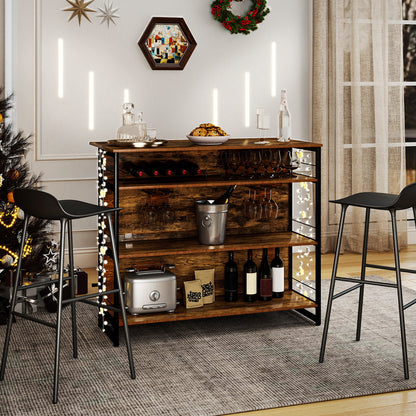 2-in-1 Home Bar Unit with 4 Shelves and Glass Holders and Wine Racks-Rustic Brown