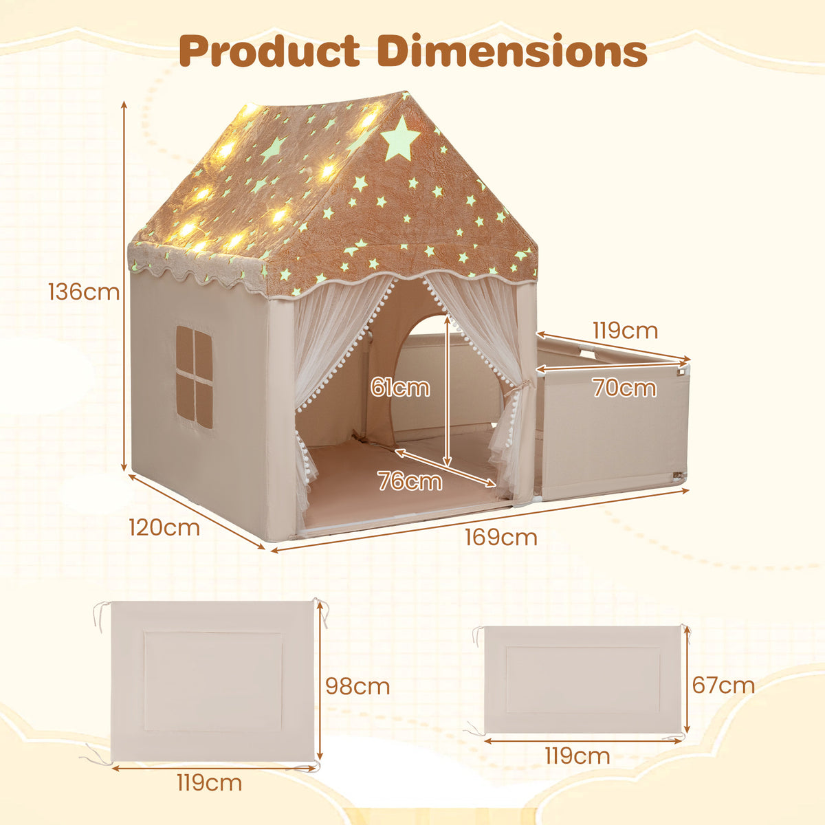 The play tent showing various dimensions and panel sizes