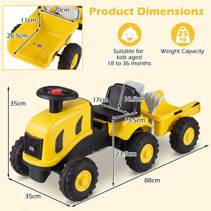 The yellow ride on toy with labels showing various measurements and the weight capacity