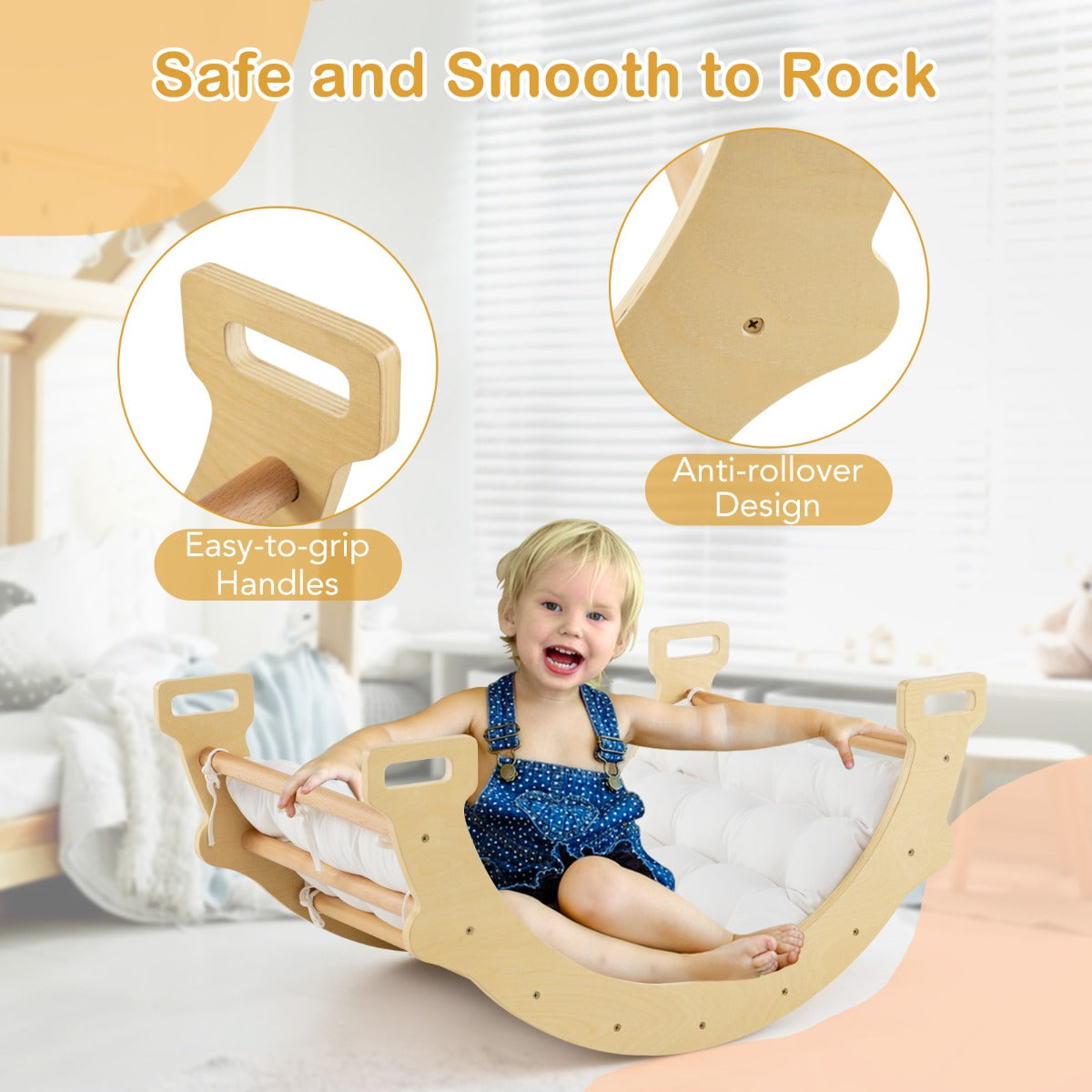 Close up of the natural wood arch rocker with white cushion showing handles and anti-rollover design