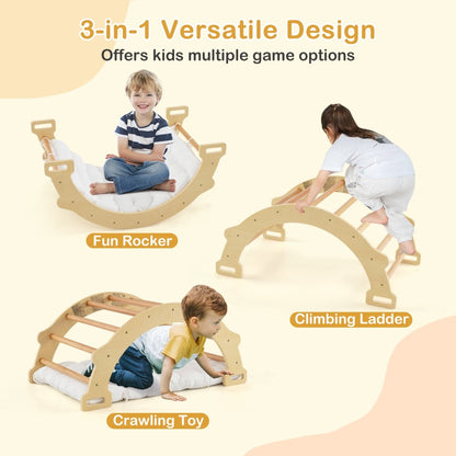 Three ways to play with the natural wood arch rocker with white cushion: rocker, crawling toy, climbing ladder