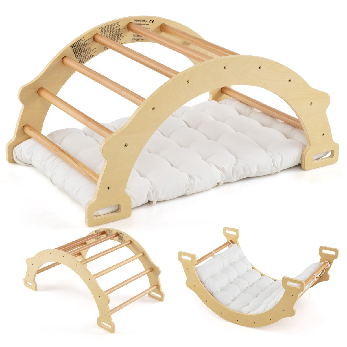 Three views of the natural wood arch rocker with white cushion: full product, rocker only, and climbing arch
