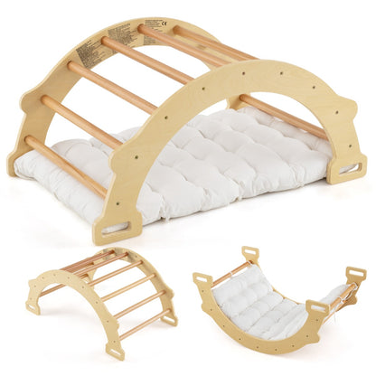 Three views of the natural wood arch rocker with white cushion: full product, rocker only, and climbing arch