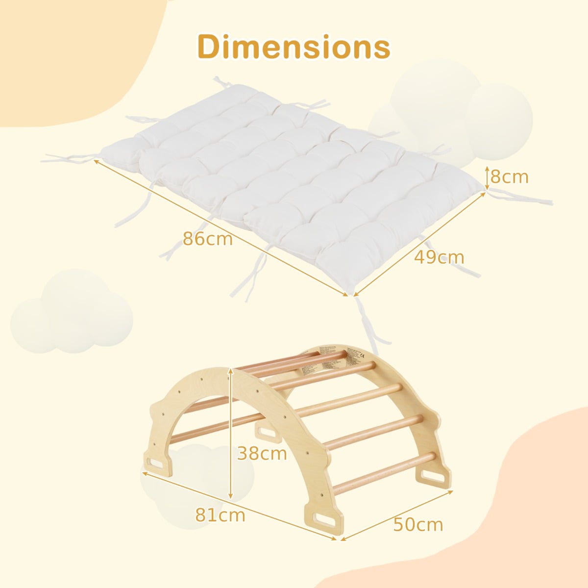 Dimensions of the natural wood arch rocker with white cushion climbing frame