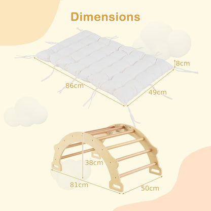 Dimensions of the natural wood arch rocker with white cushion climbing frame