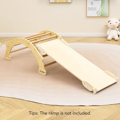 Natural wood arch rocker with white cushion set up as a slide in a child's room