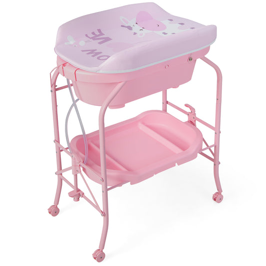 2-in-1 Baby Change Table with a pink bathtub and a lower storage shelf on a metal frame