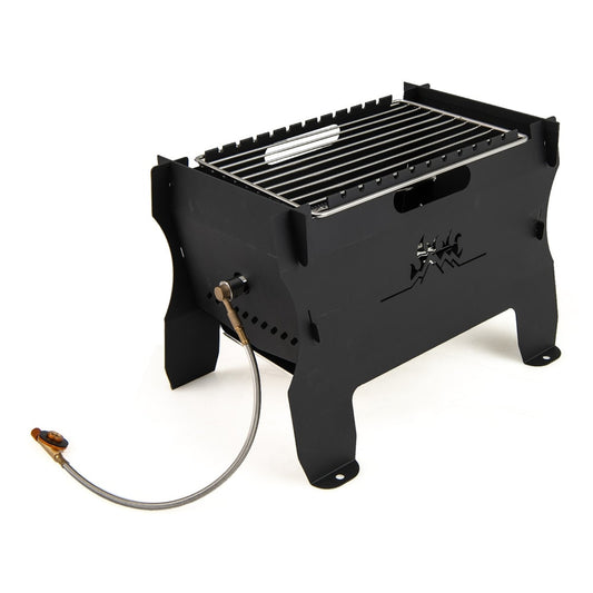 2-in-1 Camping Grill in black with a stainless steel grate and an attached gas hose connection