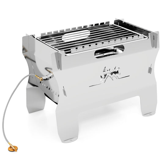 2-in-1 Camping Grill with a shiny metal finish and a connected gas hose