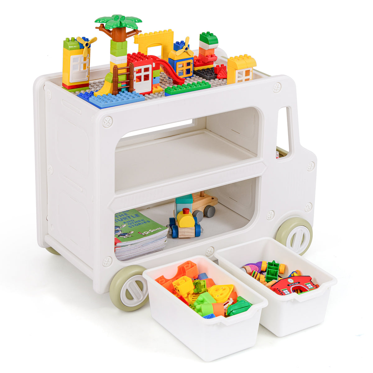 The kids storage cabinet with toys in the baskets and on the shelves