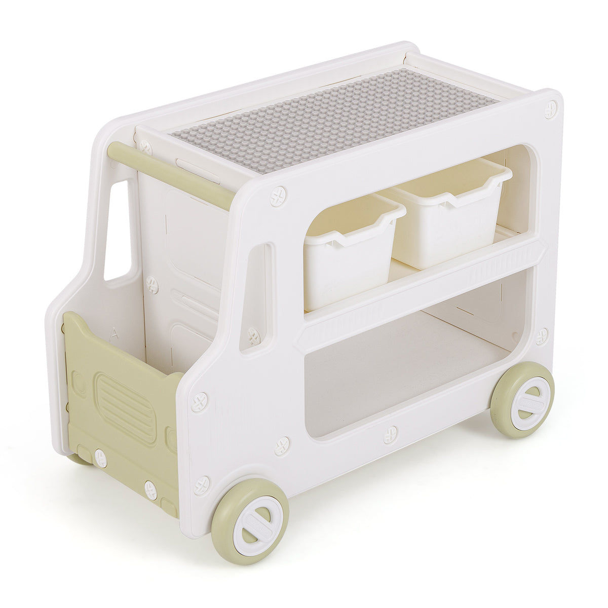 2 in 1 Car Shaped Toy Cabinet with safe HDPE frame and 2 storage baskets in white
