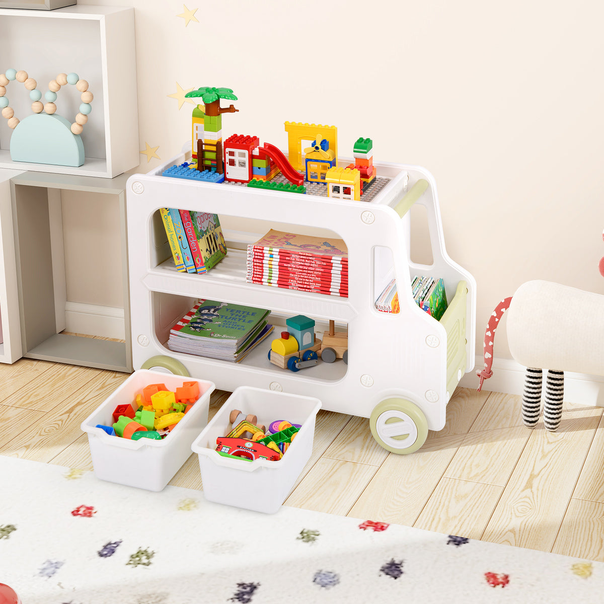 The white car shaped toy cabinet with storage baskets and shelves full of toys