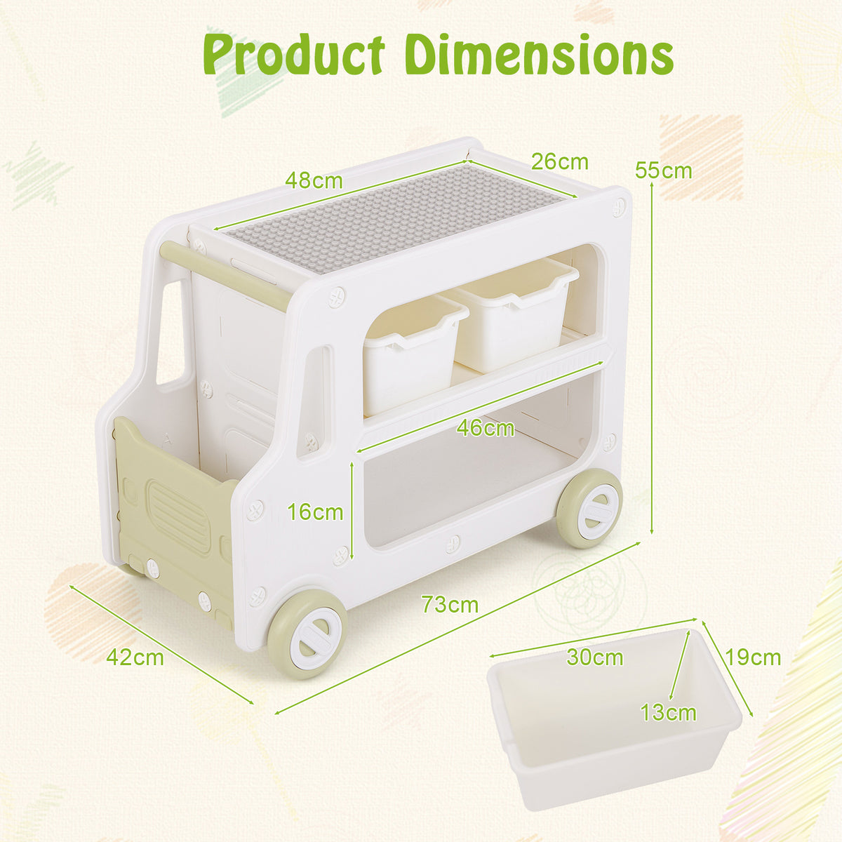 Product dimensions diagram for the white car shaped toy cabinet