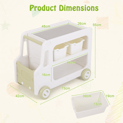 Product dimensions diagram for the white car shaped toy cabinet