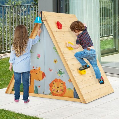 Children climbing on the wooden playhouse outdoors in a garden setting