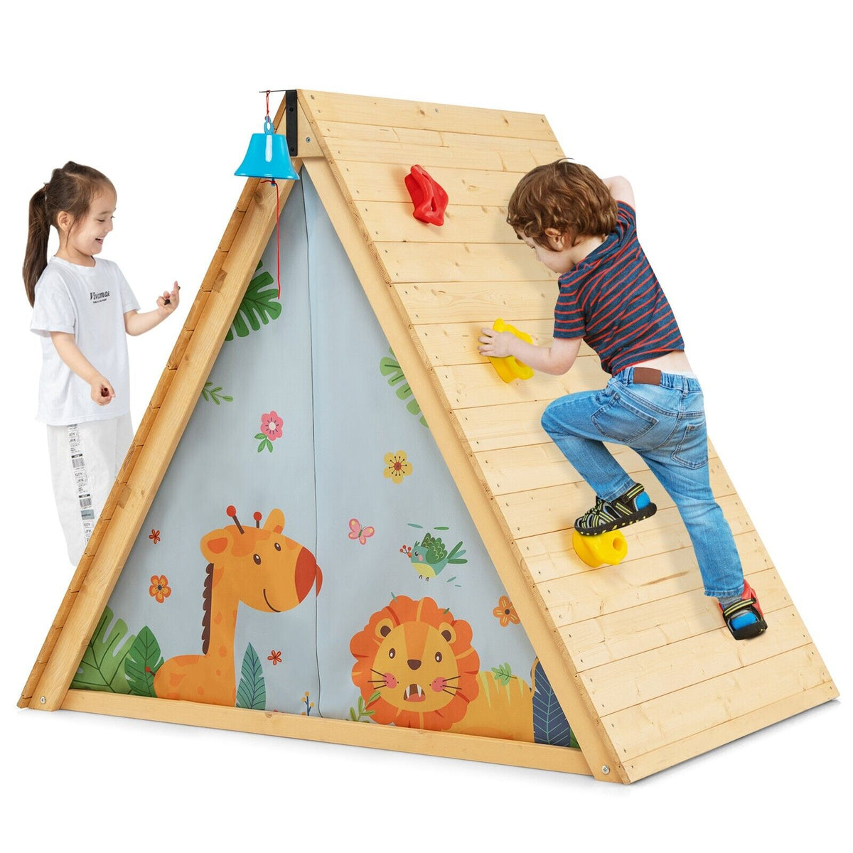 Two children playing with the climbing playhouse in a garden