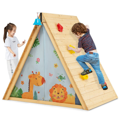 Two children playing with the climbing playhouse in a garden