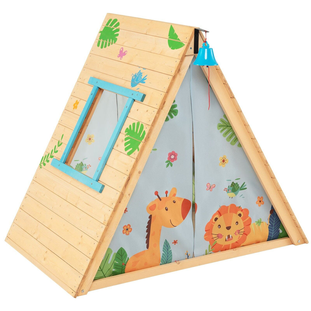 2-in-1 Children Climbing Playhouse with Front Bell and Window, a wooden A-frame tent with a blue window and jungle animal