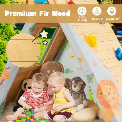 Close-up of the wooden construction of the children's climbing playhouse