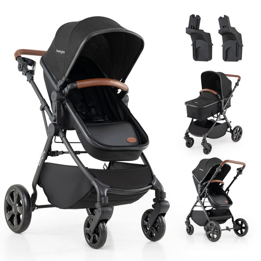 2-in-1 Convertible Baby Stroller in black, shown from the front with the canopy up