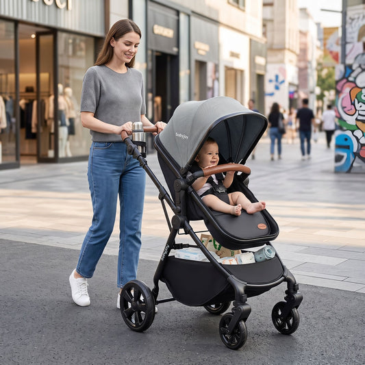 A woman pushes a baby stroller with a baby inside on a city street