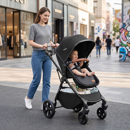 Woman pushing a baby in the black convertible stroller with car seat adapters on a pavement
