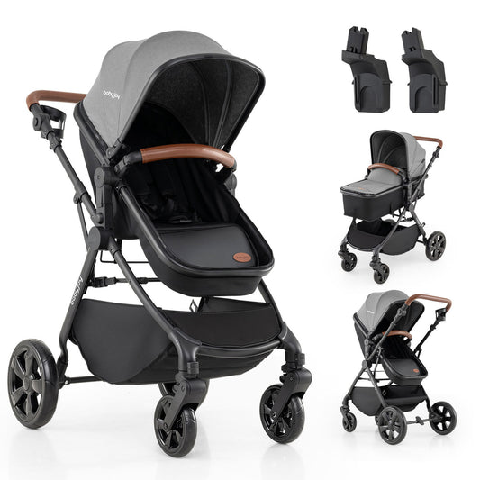 2-in-1 Convertible Baby Stroller in grey with a brown handle and black frame