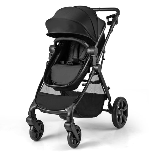 2-in-1 Convertible Baby Stroller in black with a large canopy and storage basket underneath