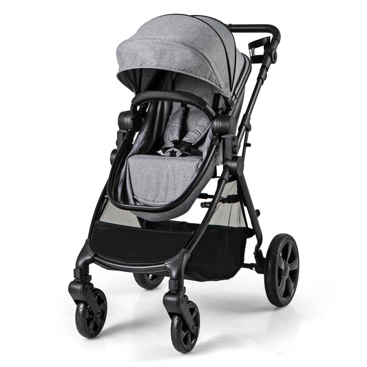 2-in-1 Convertible Baby Stroller in grey with a large canopy and storage basket