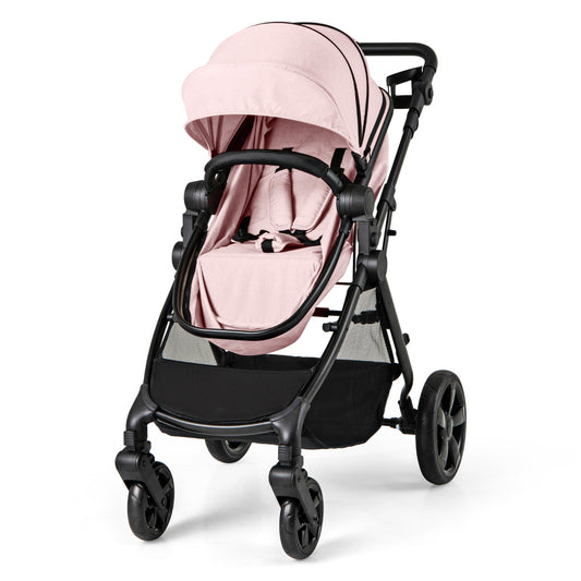 2-in-1 Convertible Baby Stroller in pink with a black frame and storage basket underneath