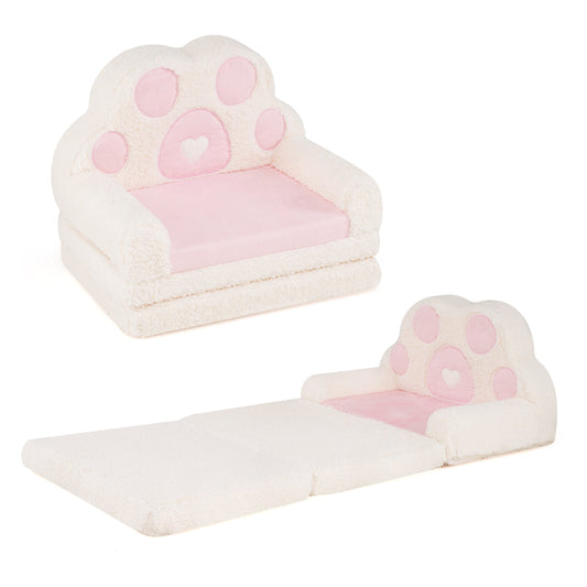 2-in-1 Convertible Kids Sofa to Lounger with pink bear's paw patterns, shown as a sofa and unfolded as a lounger