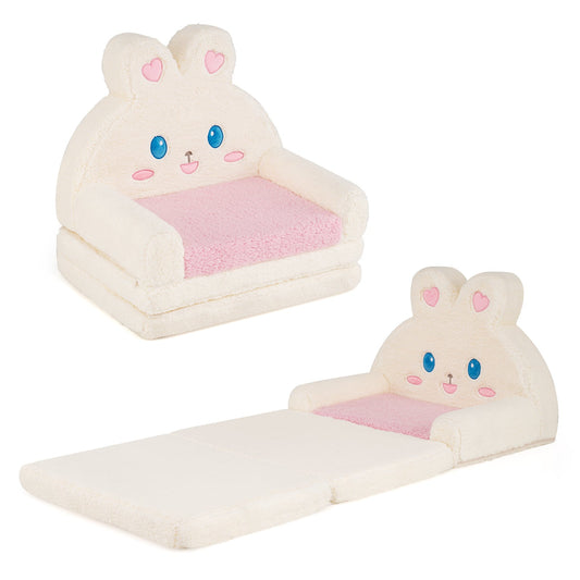 2-in-1 Convertible Kids Sofa to Lounger in pink and white fluffy bunny design, shown as a chair and unfolded lounger