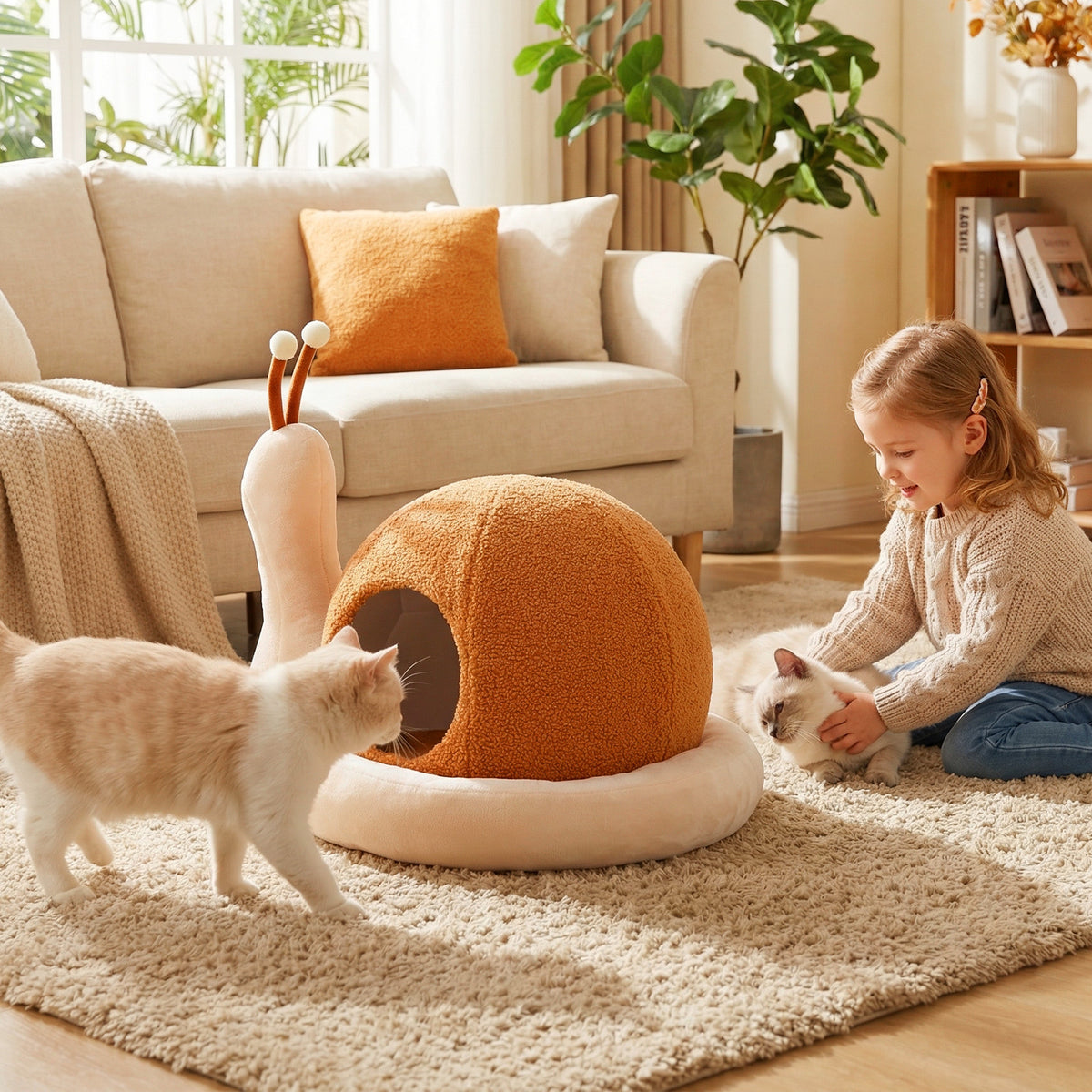 the cat furniture, a child and two cats interacting with the snail-shaped bed in a living room